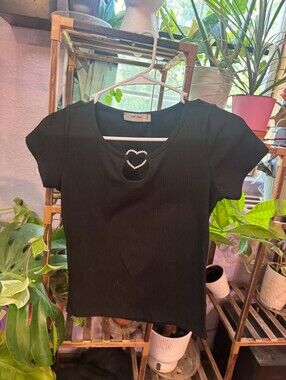 wild fable Black Ribbed Mock Neck Top with Gold Beaded Heart